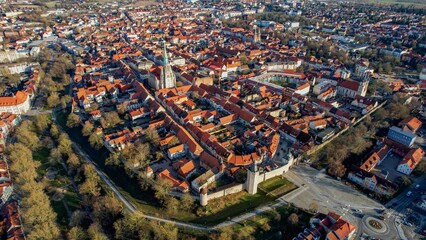 Aerial view around the old town of Muhlhausen in thuringia on a sunny day in fall	
