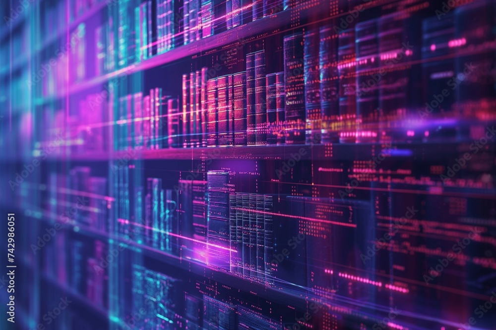 Aufkleber a digital library with holographic books and data streams, showing the evolution of knowledge storag