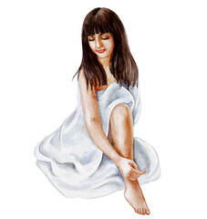 Beautiful sitting girl in a white blanket, cape, half-naked figure, beauty salon, women's health. Watercolor illustration with blue splashes