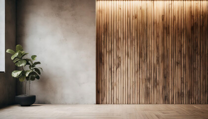 Empty room with bright concrete wall and wooden paneling, symbolizing minimalist interior design. 3D render