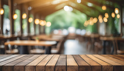 Empty wooden table with blurred restaurant background, space for caption. Symbolizes dining ambiance and potential for storytelling