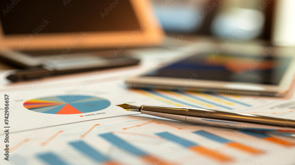 Poster close-up of a financial report with graphs and a pie chart, a pen resting on the paper, and a tablet