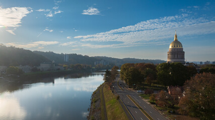 West Virginia State Capitol Building at Sunrise Over Kanawha River