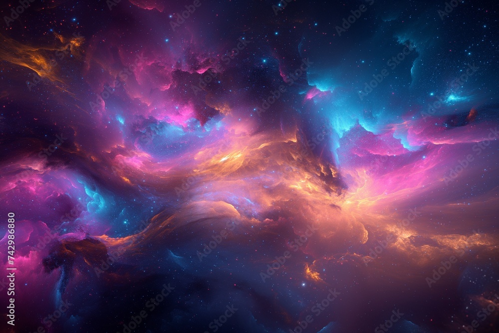 Poster a surreal cosmic scene with abstract hues and patterns that inspire awe at the size of the cosmos.