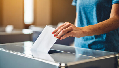female in casual attire casting her vote at a polling station, holding a ballot paper, symbolizing civic duty and democracy