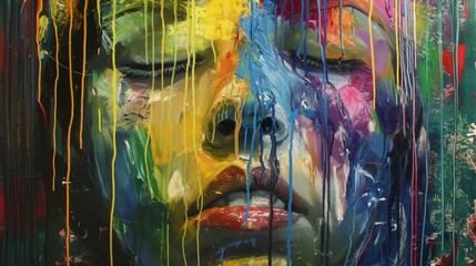 A picturesque portrait of a woman with streaks of paint, an artistic painting depicting a girl's face in bright colors