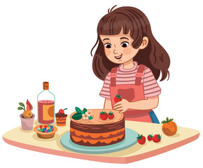 Vector illustration of a teenage girl preparing a cake.