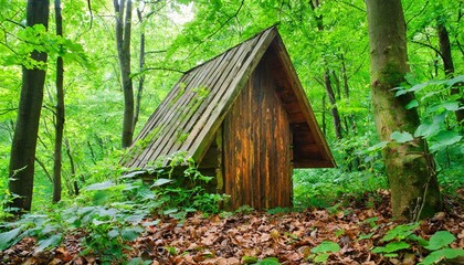 Fototapeta na wymiar wooden hide in leafy green forest