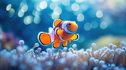 Fototapeta na wymiar Beautiful clownfish with coral reef in the underwater sea. Concept of underwater life with beautiful view.