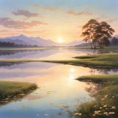 sunset over the river, ai