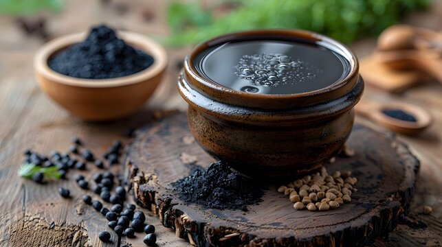 
large glass cup with hot liquid shilajit on a table background