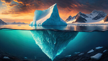 iceberg protrudes above, hinting at danger while concealing its vast, submerged mass, a metaphor for hidden peril and climate change - obrazy, fototapety, plakaty