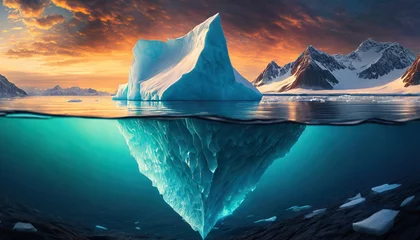 Fototapeten iceberg protrudes above, hinting at danger while concealing its vast, submerged mass, a metaphor for hidden peril and climate change © Your Hand Please