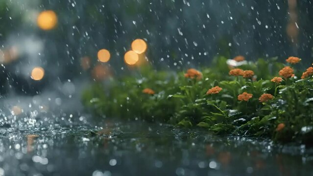 Raining on plants, ambient nature video, stock video, 4k animated seamless loop,  seamless looping overlay 4k virtual video animation background, rain ambience, seamless ambience, 4k raining ambience