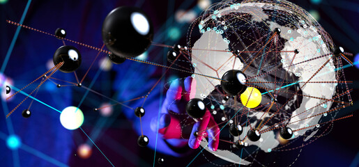world Global network. Blockchain. 3D illustration. Neural networks and artificial intelligence. Abstract  - connection