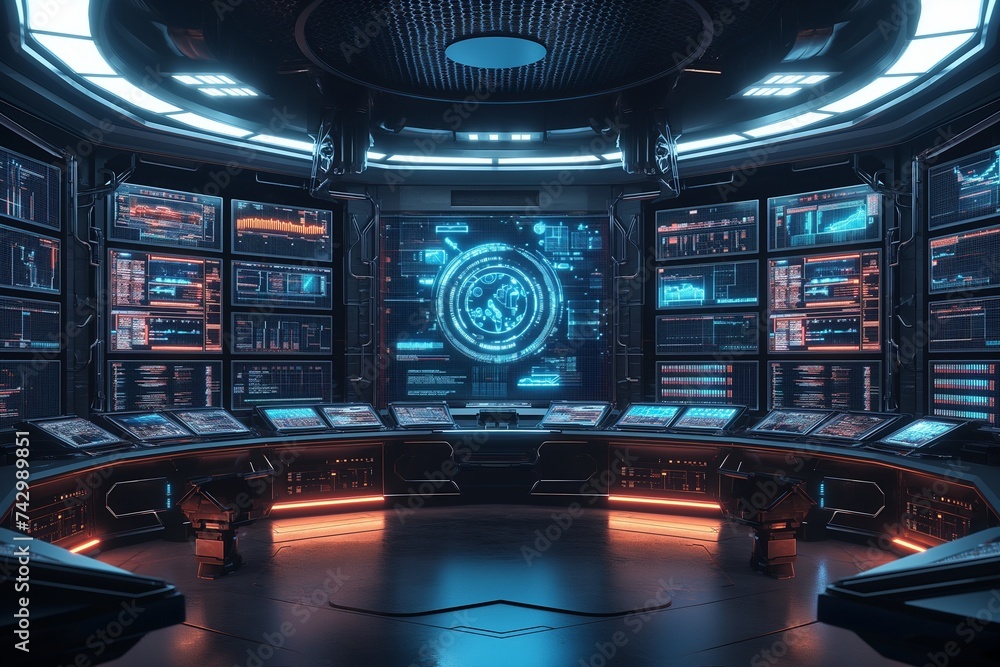 Poster a futuristic control room with screens showing different aspects of data protection and cyber securi