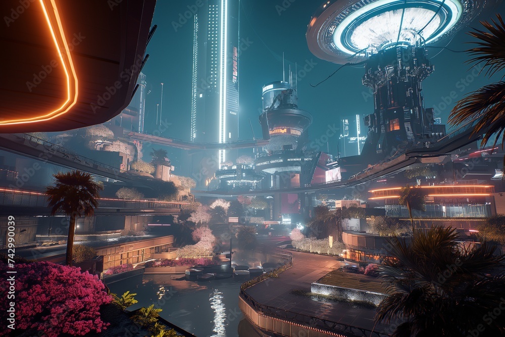 Poster a futuristic space metropolis controlled and maintained by advanced artificial intelligence systems.