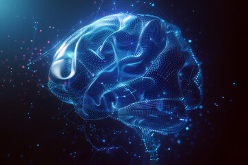 Blue neon human brain showing intelligent thinking, processing through the concept of a neural network circuit of big data and artificial intelligence, stock illustration image,