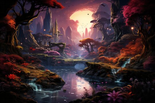 a painting of a fantasy landscape with a river and trees