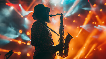 Silhouette of Jazz Musician Playing Saxophone on Stage with Colorful Dynamic Lights