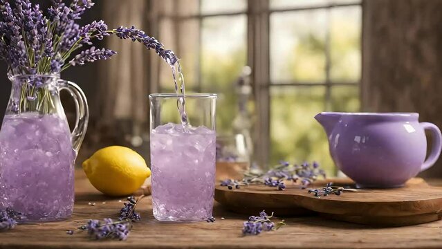 glass of juice. pouring juice in a glass, tea, lavendar juice pouring, tea pouring video animation, looping seamless looping animation, food stock, beverages stock video, drinks videos, cup on table.	