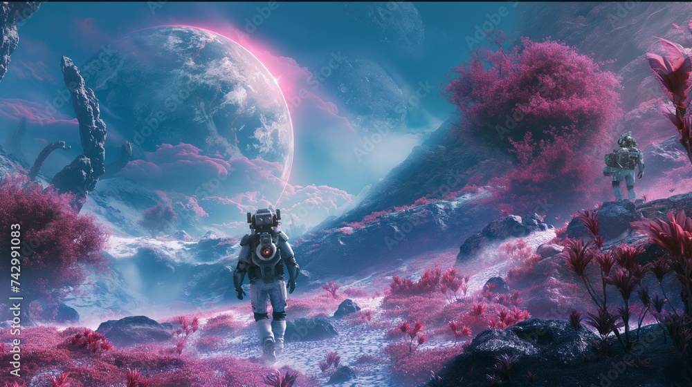 Poster a group of explorers in advanced exosuits traversing a vividly colored alien landscape, with bizarre