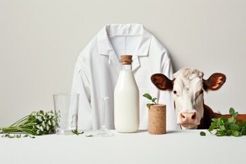A calf with dairy products and a lab coat, an illustrative composition of veterinary science and milk safety