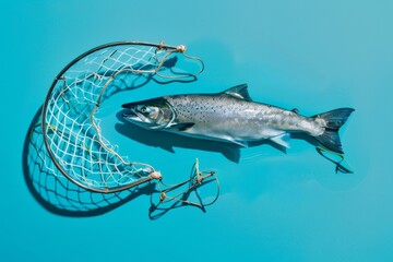 A salmon caught in a net over a blue background, symbolizing sustainable fishing and ocean conservation
