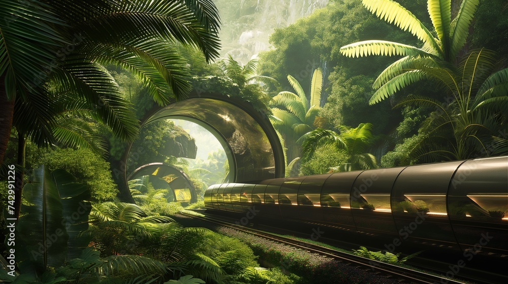 Aufkleber an ultra-fast hyperloop train that merges cutting-edge transportation with environmental preservatio