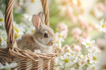 close up shot of cute easter bunny in wooden basket with flowers