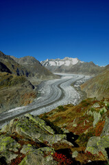 Blick auf den Aletschgletscher von der Mossfluh im Wallis. Panoramic view to the longest glacier in...
