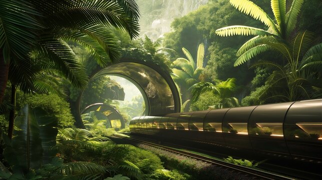 An ultra-fast hyperloop train that merges cutting-edge transportation with environmental preservation as it emerges from a tunnel into a verdant, artificial rainforest. 