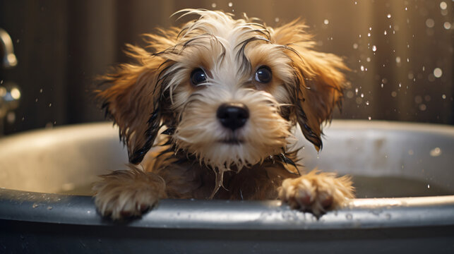 Front view of puppy in bathtub