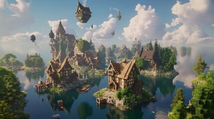 A magically inspired medieval village with floating islands in the background, where residents perform everyday tasks with magical tools.