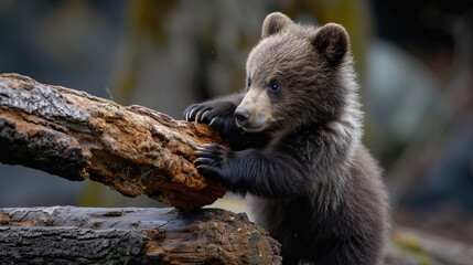 Fototapeta premium Little bear sits on a branch in the forest 