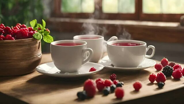 cup of tea. tea pot pouring tea in a cup, berry tea, iced tea pouring, tea pouring video animation, looping seamless looping animation, food stock, beverages stock video, drinks videos, cup on table.	