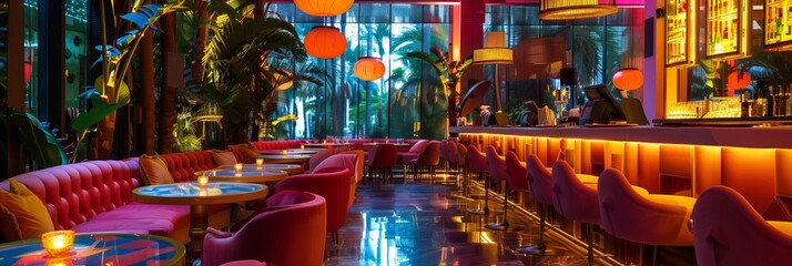 a red-lit, modern and stylishly furnished luxury restaurant
