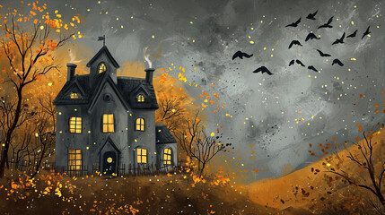Fototapeta na wymiar Illustration of a house on an autumn evening with birds circling above it 
