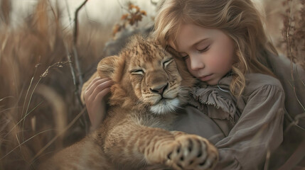Little girl hugs a sleeping lion
 - obrazy, fototapety, plakaty