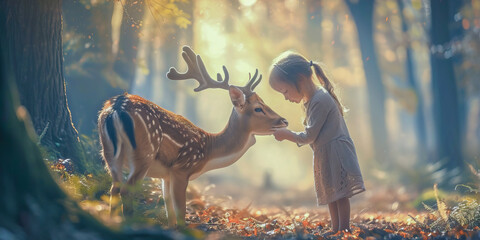 A girl stands in the forest with a deer
