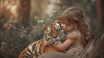 Little girl hugs a sleeping tiger
