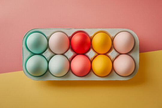 flat lay photo of easter eggs in egg holder, each egg has a different color, minimalist gradient background, vibrant color. Easter holidays preparation. Pink yellow color background. Copy space. Baner
