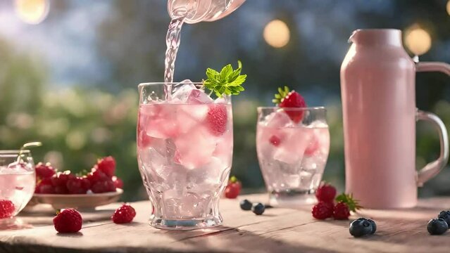 Pink juice pouring scene, juice in glass, Selective focus. drinks, pouring juice into jug, stock life, stock video aniamtion, looping animation, 4k stock video, berries, smoothie, videos, ai video