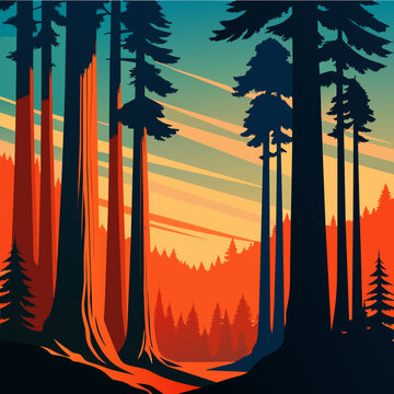 Bold outlines of towering redwoods in an ancient forest. vektor illustation