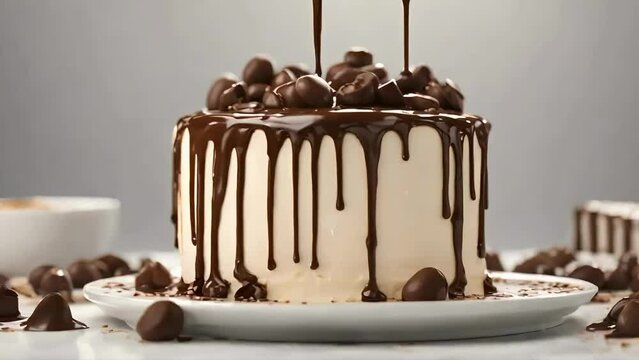 A birthday cake with lit candles on top of it. Generative ai, close up of chocolate sauce dripping, choco ganache dripping scene, chocolate cake with cream, food stock video, stock videos, ai cake 
