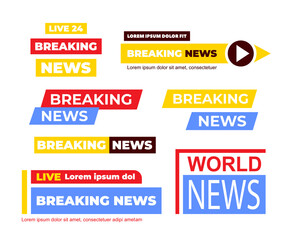 breaking news headers. streaming hot news signs, interface multicolored badges. display streaming interface banners headers. vector cartoon set of isolated labels.