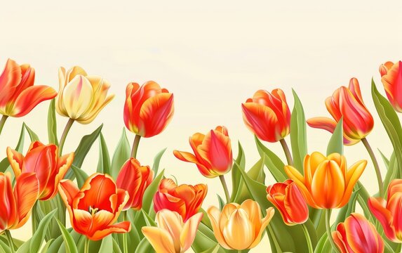 This image showcases a vibrant array of tulips in full bloom, with a soft, creamy backdrop enhancing their bright orange and red hues.