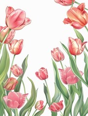Softly lit tulips gracefully stretch towards the sky, with a clean background accentuating their delicate pink and red petals.
