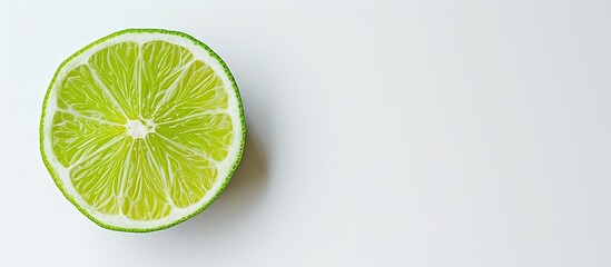 A lime has been cut in half, revealing the bright green flesh and seeds inside. The citrus fruit rests on a clean, white surface, exemplifying freshness and vitality. - obrazy, fototapety, plakaty