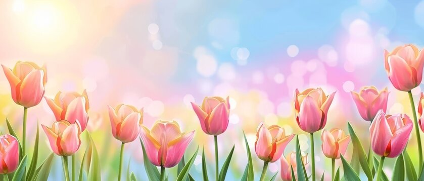 A serene scene of pastel-colored tulips against a soft bokeh light background, evoking a sense of calm and freshness.